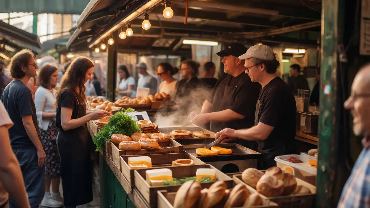 Busy street food stalls at Borough Market with people eating and vendors cooking