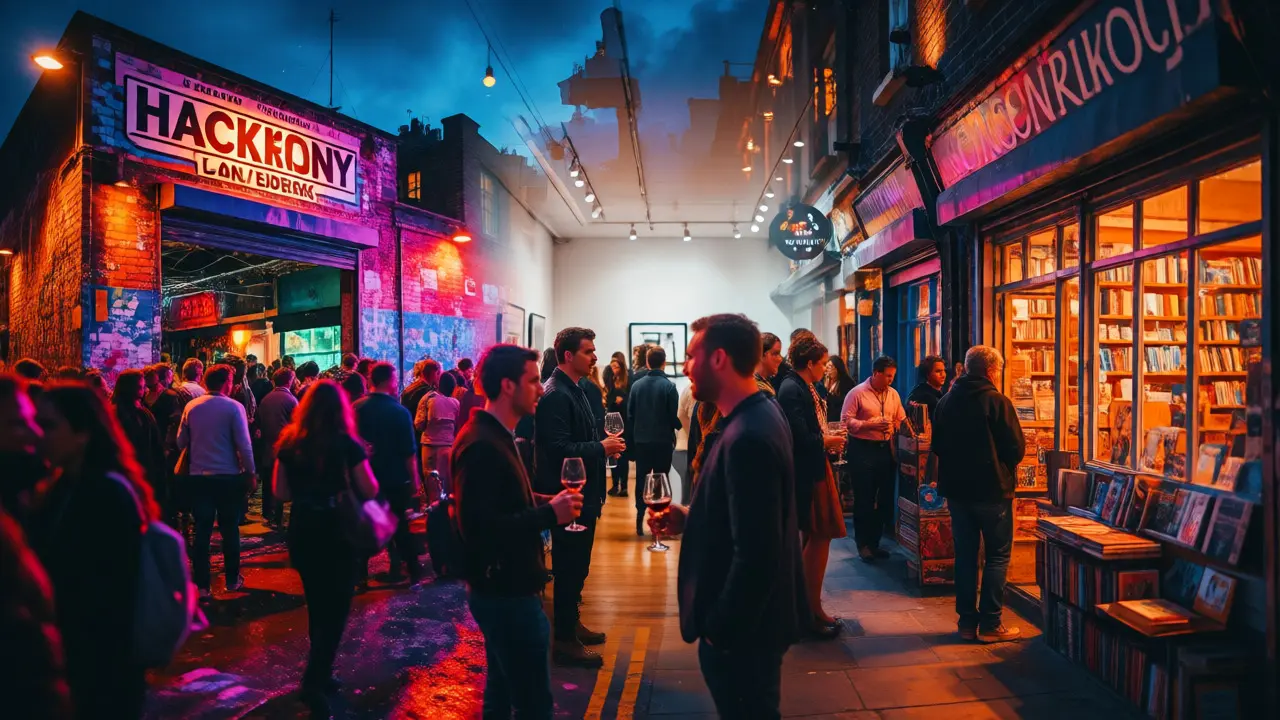 Collage of London gallery, club, and bookstore scenes