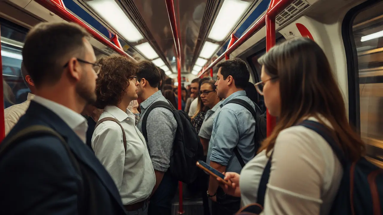 Crowded London Tube carriage with passengers practicing polite invisibility