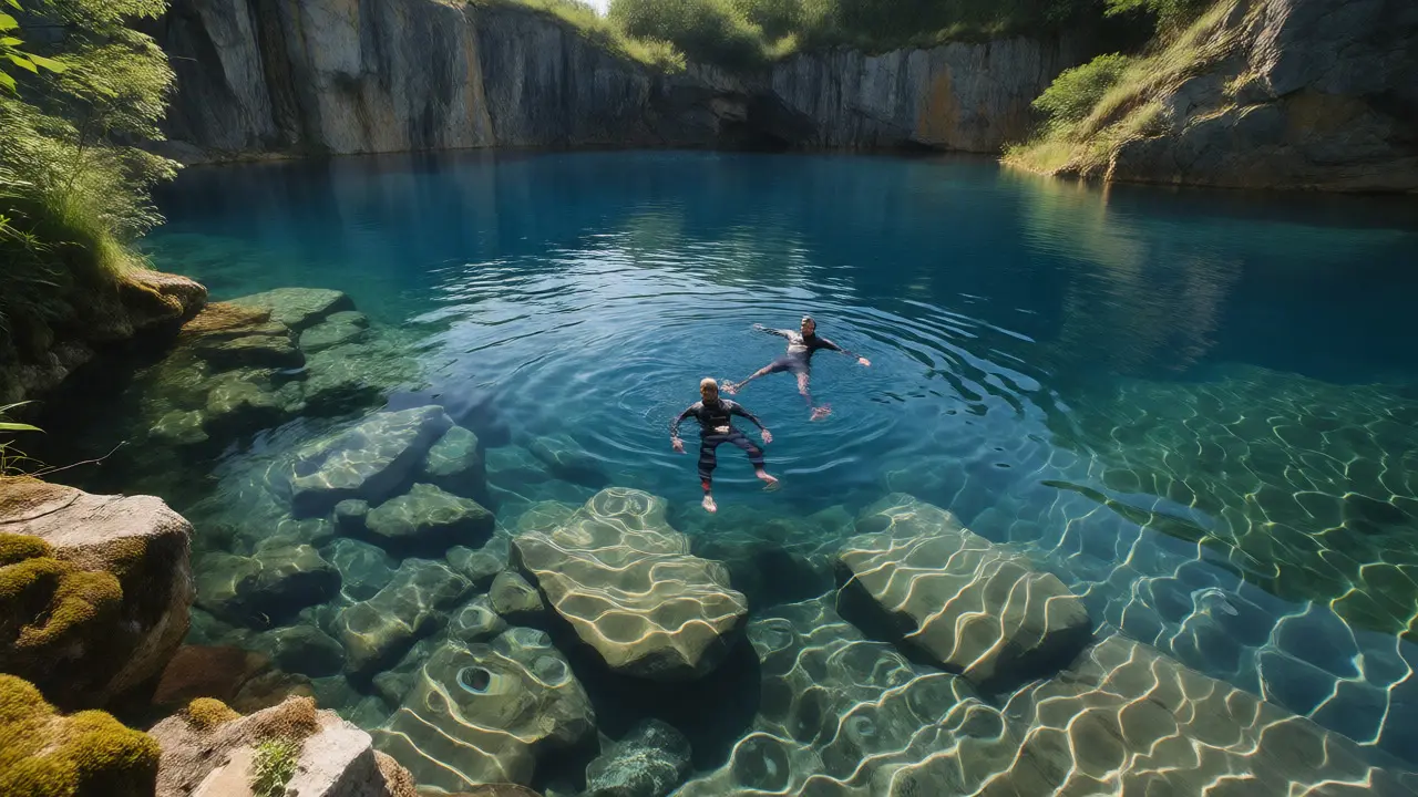 Crystal clear blue-green water at Larkfield Lake quarry with swimmers