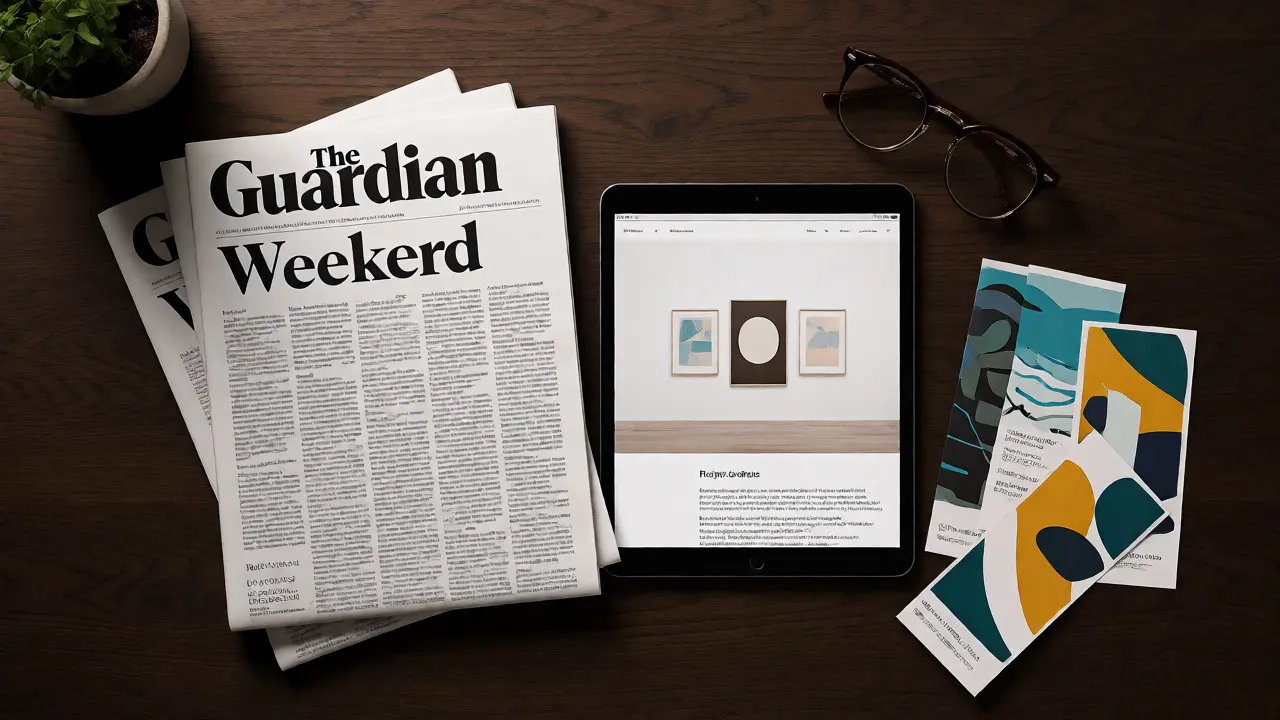 Curated desk setup with newspaper, tablet, and tickets