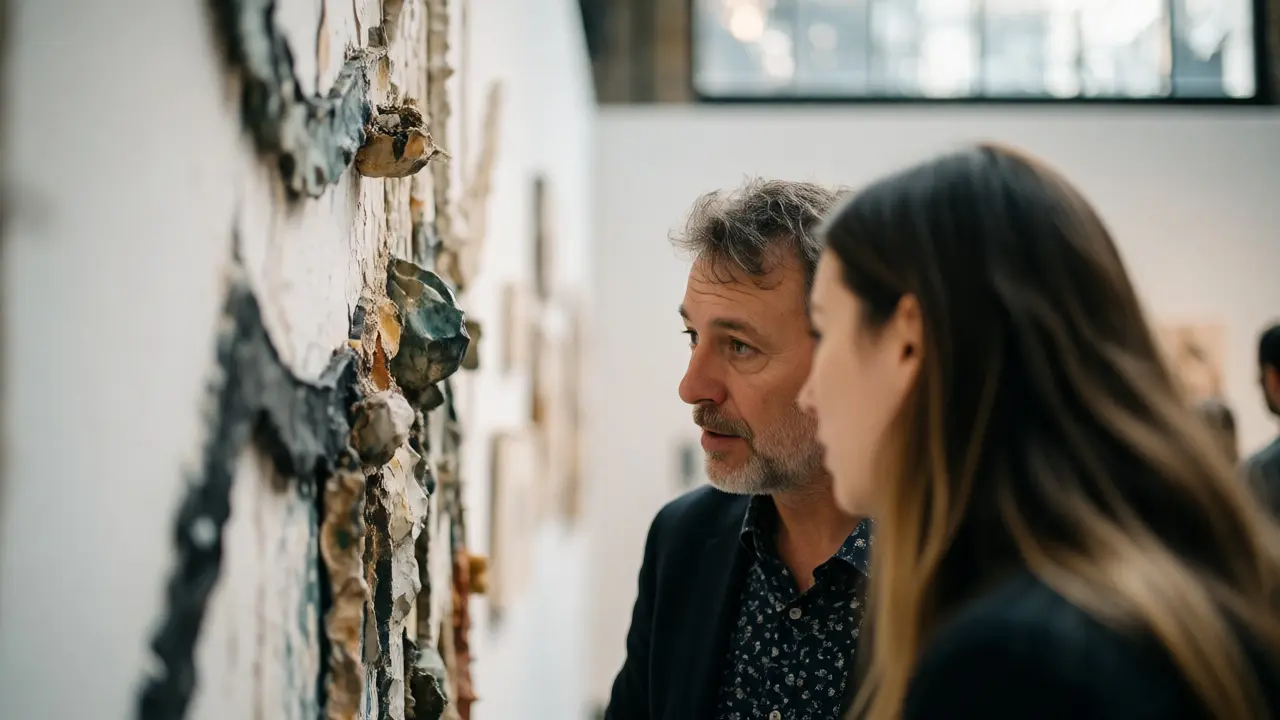 Curator and visitor discussing artwork closely in a small London gallery