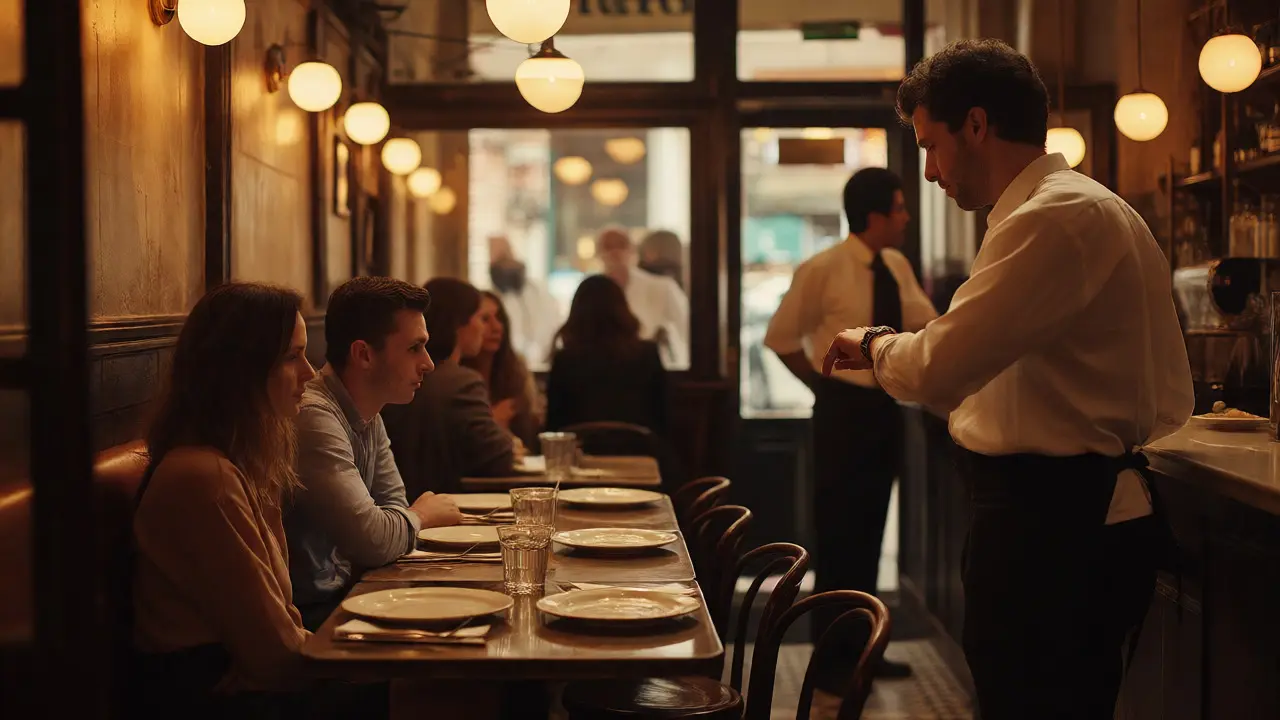 Diners at a busy London bistro being watched by a waiter as their allotted time runs out.