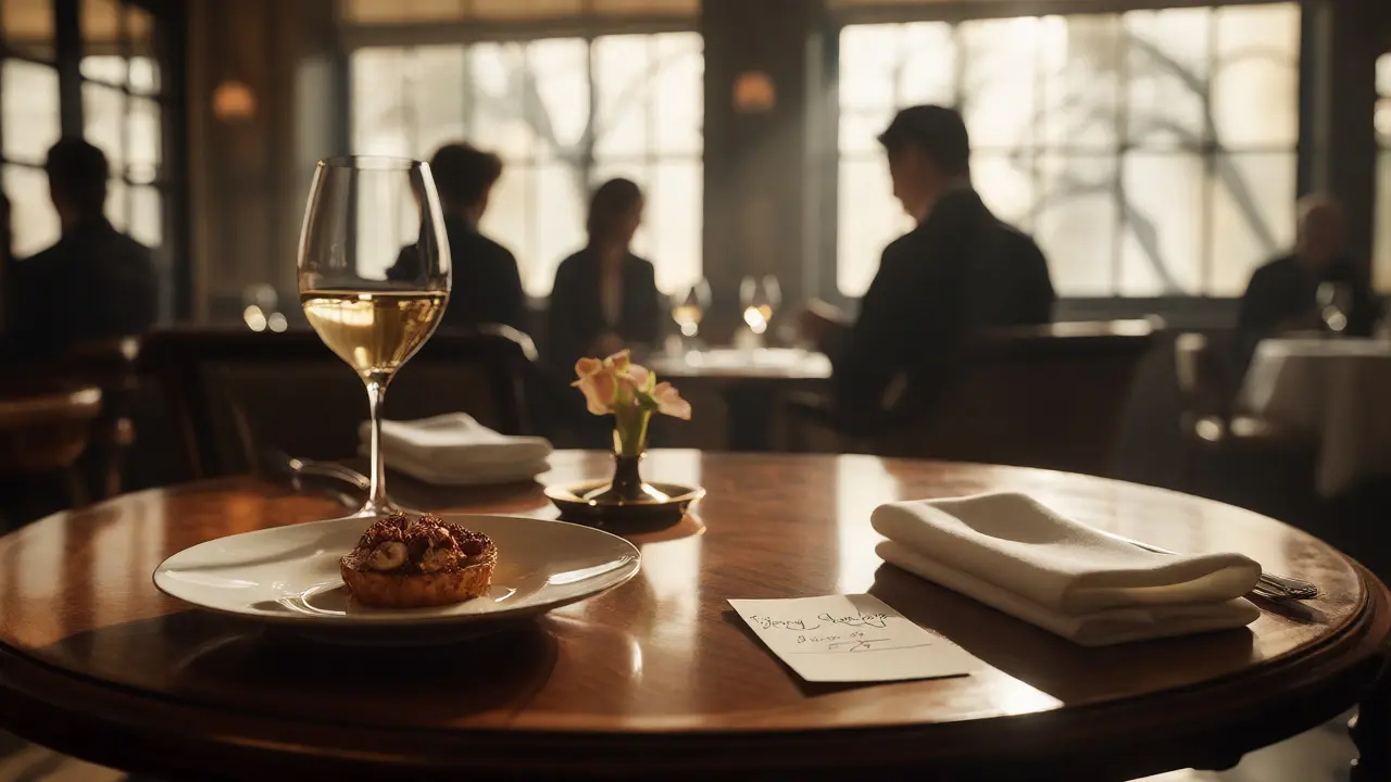 Elegant table setting with wine and dessert in a sunlit London restaurant, suggesting a relaxed meal.
