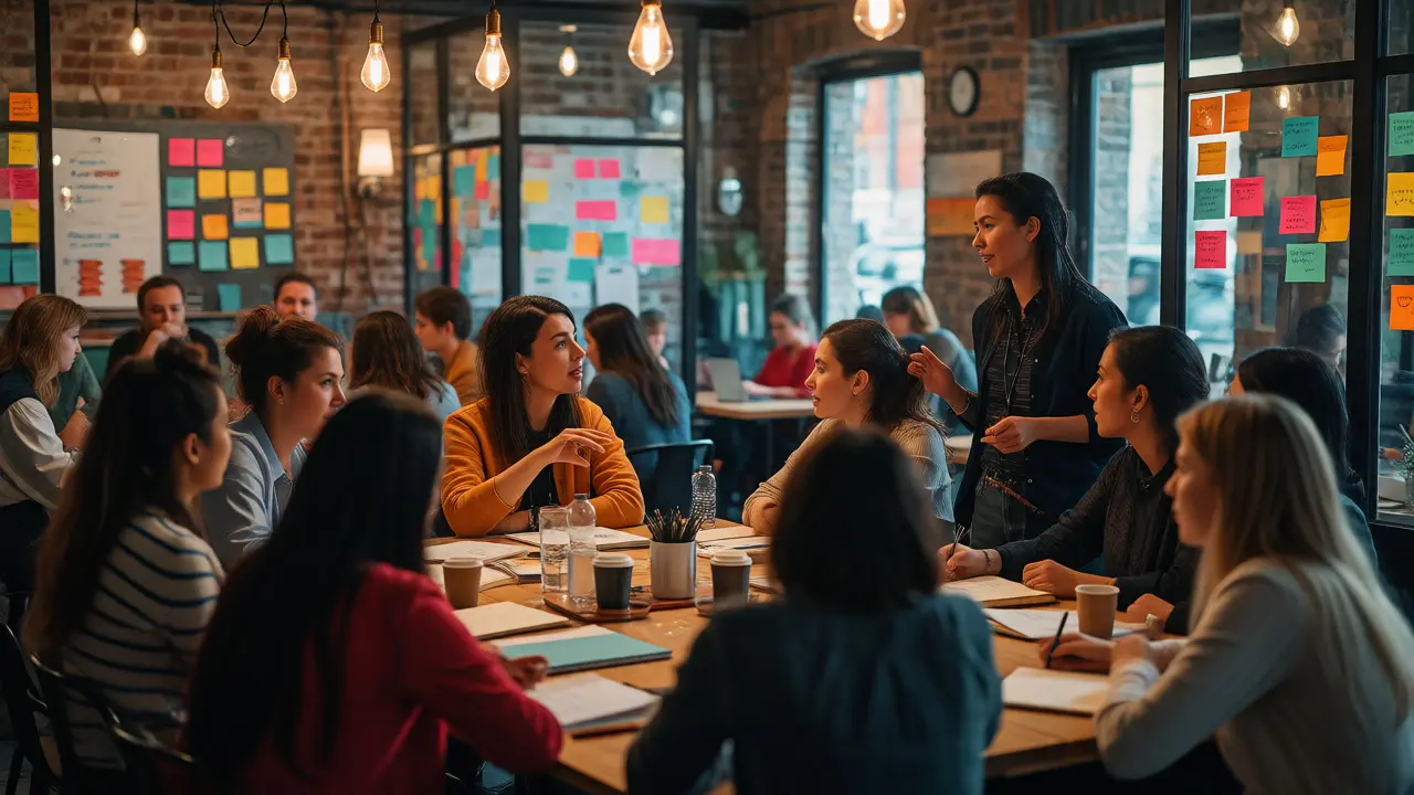 Female entrepreneurs engaging in a mentorship workshop in a creative, brick-walled co-working hub.