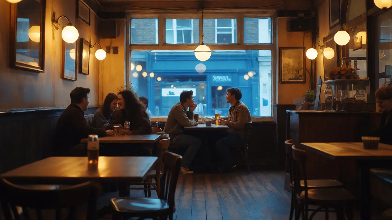 Friends relaxing in a warm London pub contrasting with cold weather outside