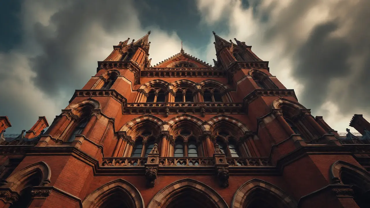 Gothic Revival facade of St Pancras Station with red brick and spires