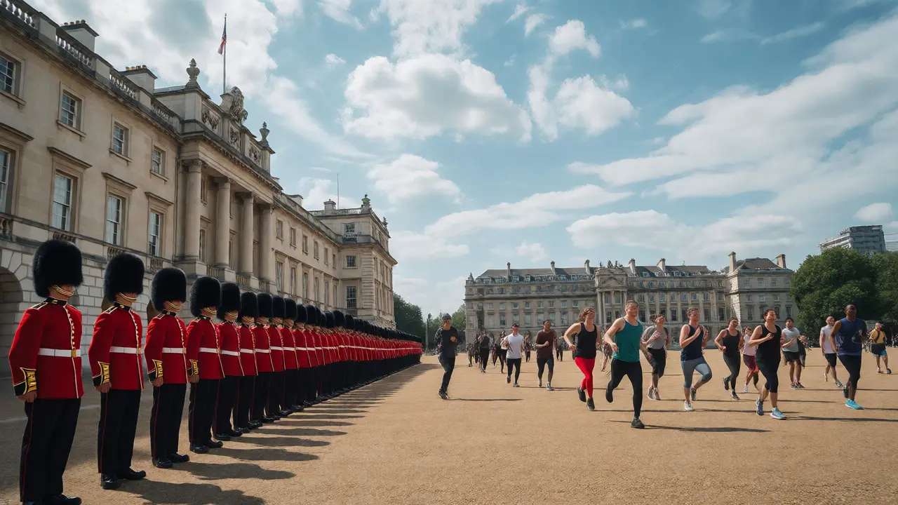 Guards and joggers sharing the open space at Horse Guards Parade