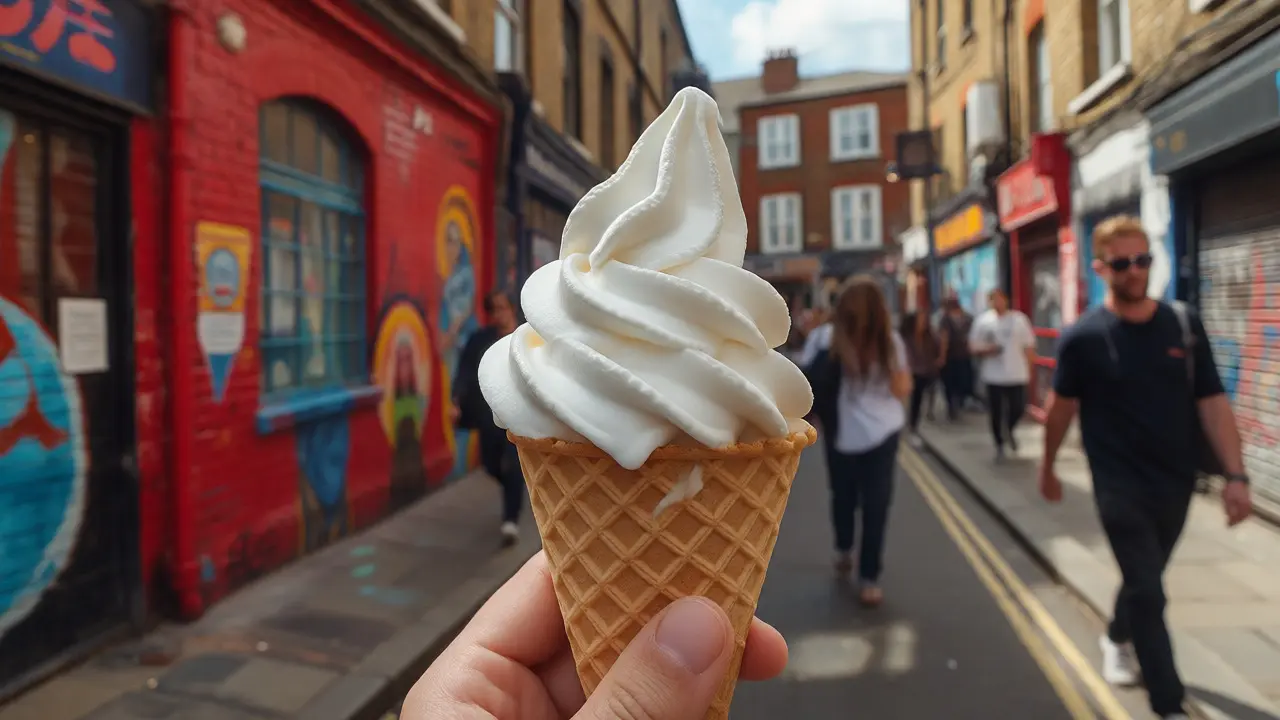 Hand holding a cone of vegan soft serve on a London street