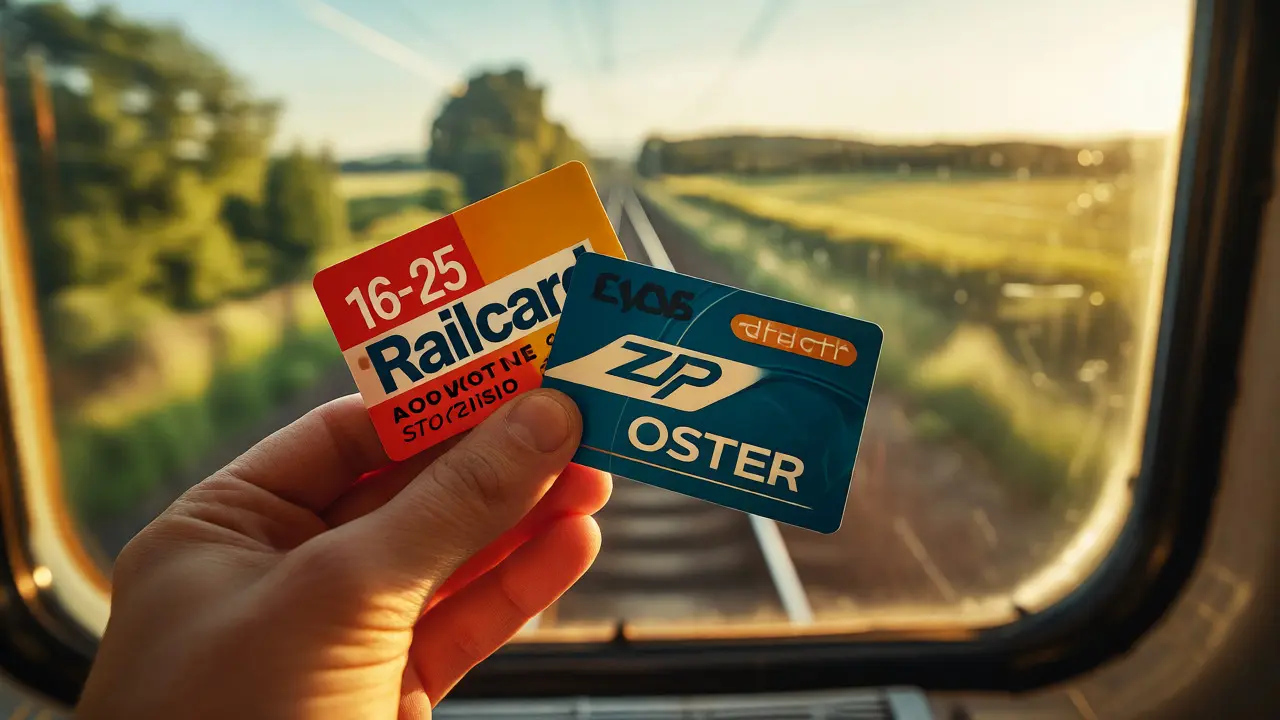 Hand holding a Railcard and Zip Oyster card with a train view background.