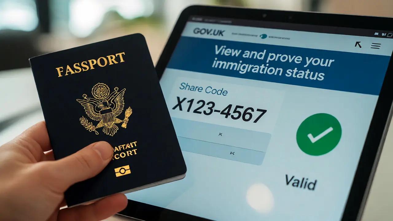 Hand holding passport next to tablet showing valid UK share code