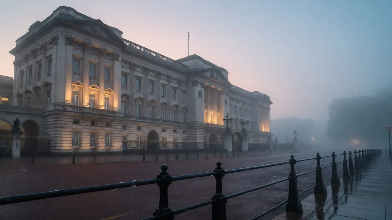 Misty early morning view of Buckingham Palace without crowds