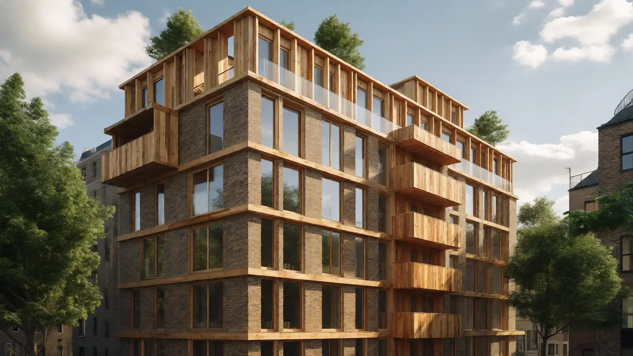 Modern London apartment block blending brick and charred timber facades.