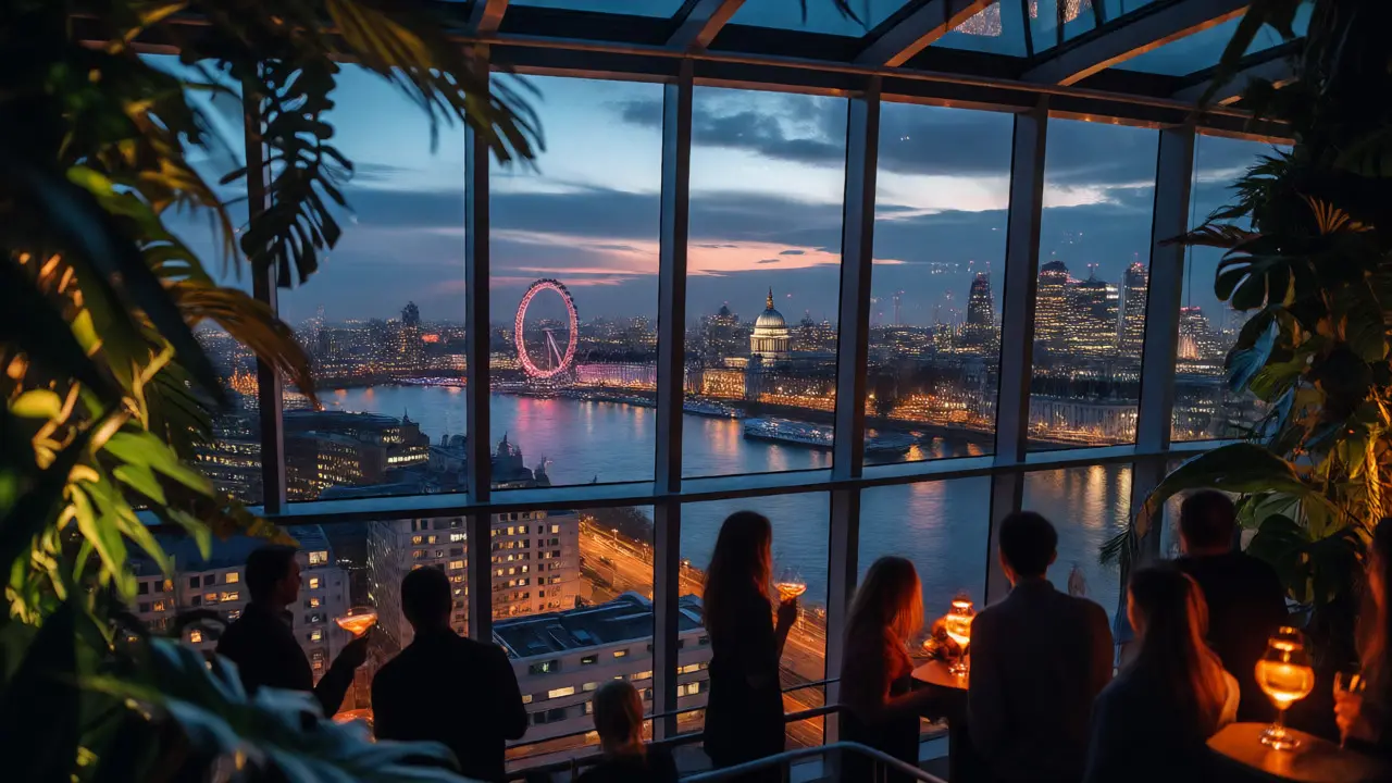 Night view of London skyline from the plant-filled interior of Sky Garden