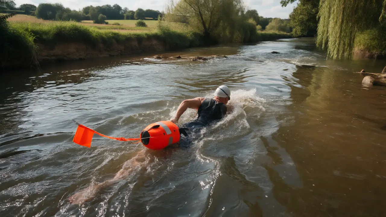 Open-water swimmer with tow float in the slow-flowing River Stour