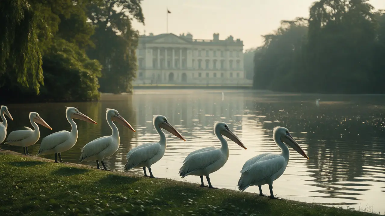 Pelicans by the lake in St James's Park with Buckingham Palace in the background