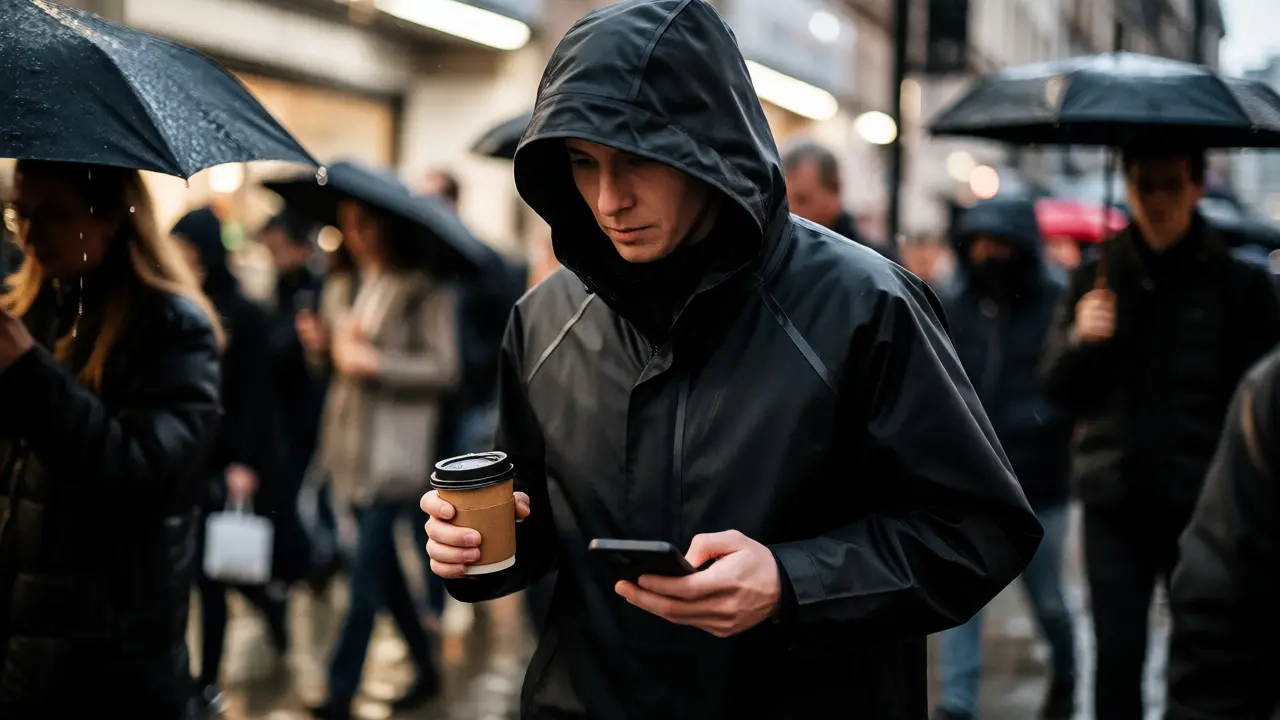 Person in a black raincoat walking freely through a crowded London street