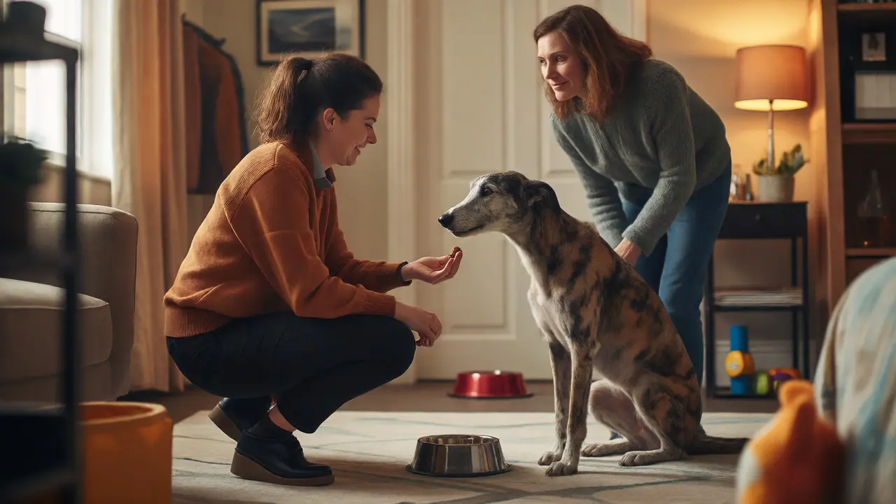 Pet sitter crouches to greet greyhound during home meet-and-greet