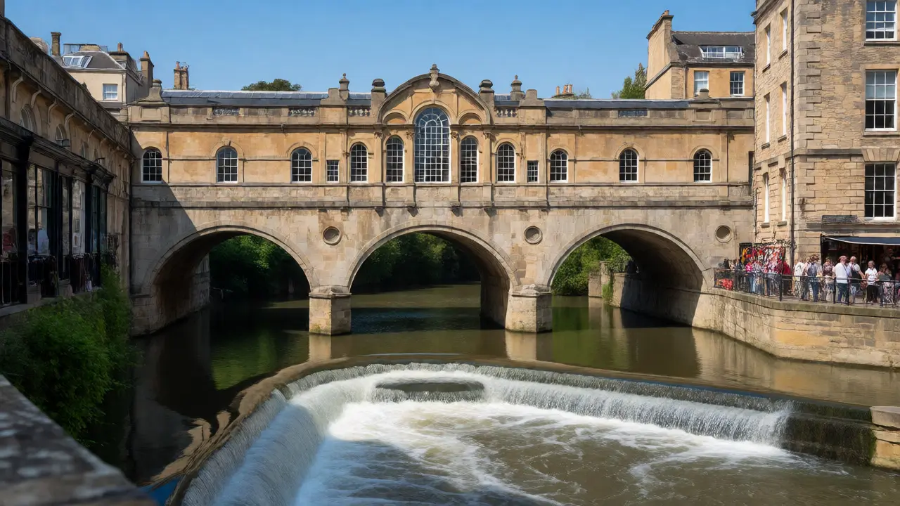 Pulteney Bridge with shops lining the walkway over the River Avon