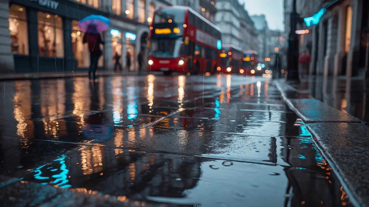 Rainy London street with puddle reflections and moody lighting