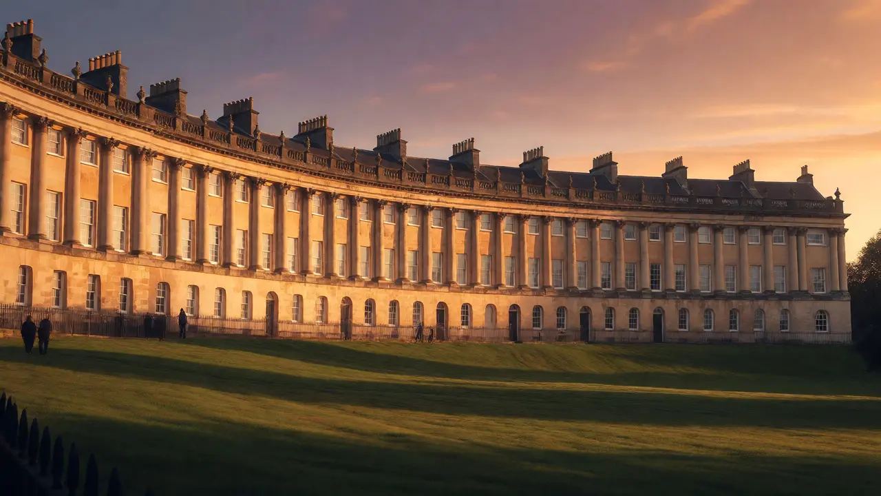 Royal Crescent bathed in golden hour light showing its curved facade