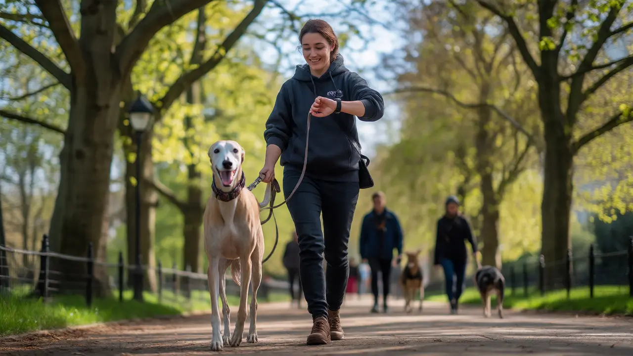 Sitter walks happy greyhound in sunny Regent’s Park London