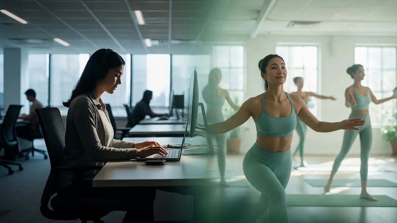 Split view showing a woman working at a desk and practicing yoga, illustrating work-life balance.
