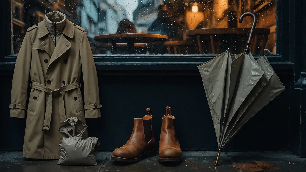 Stylish rain gear including a trench coat, umbrella, and boots by a rainy window