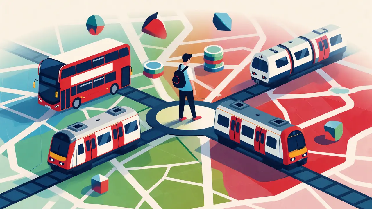 Stylized illustration of London transport modes and a student saving money.