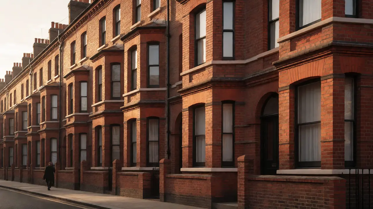 Sunlit Victorian red-brick terraced houses in a London neighborhood.