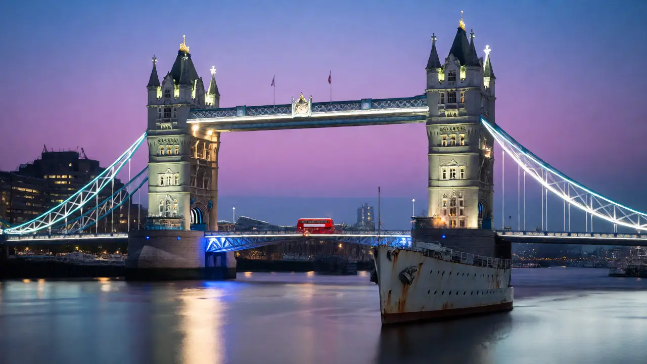 Tower Bridge framed by purple twilight sky with a red bus crossing and HMS Belfast in foreground