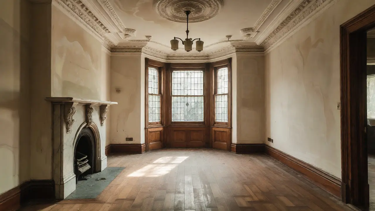Victorian living room with high ceilings, fireplace, and bay window